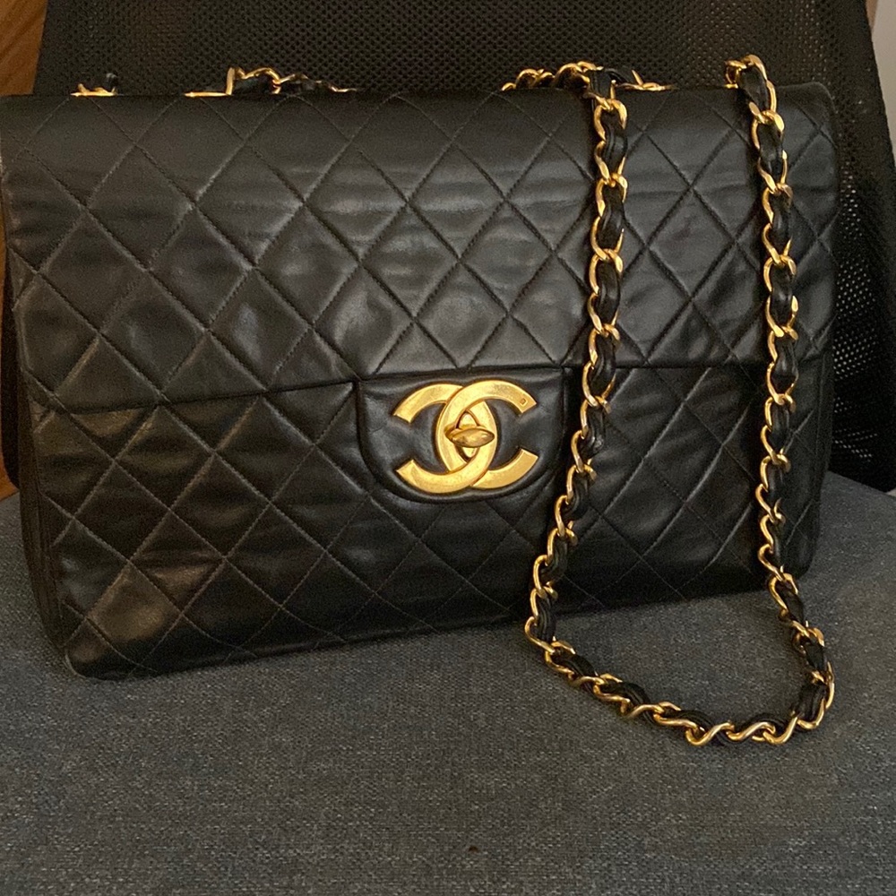 Vintage Quilted lamb skin jumbo Chanel half flap maxi bag